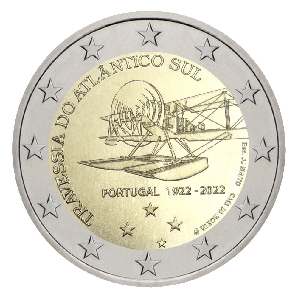 2 euros commémorative Traversée aérienne de l'Atlantic sud Portugal 2022