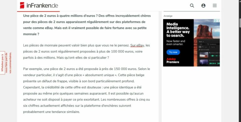 Annonce d'une pièce de 2 euros belge présentée comme unique et affichée à 150 000 euros