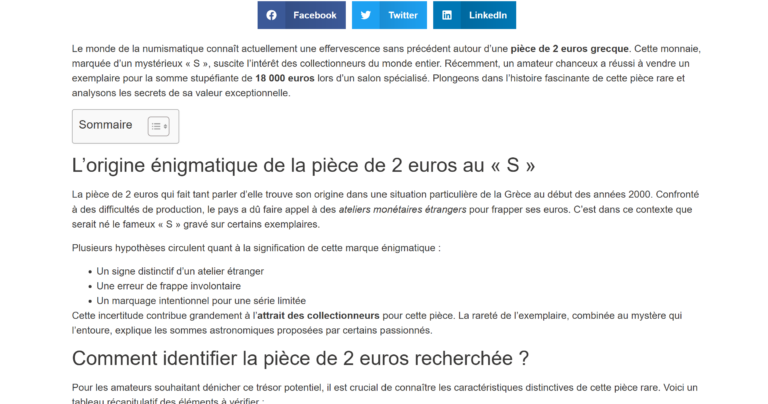 Capture d'un article sensationnaliste affirmant qu'une pièce de 2 euros fautée aurait été vendue 18 000 euros