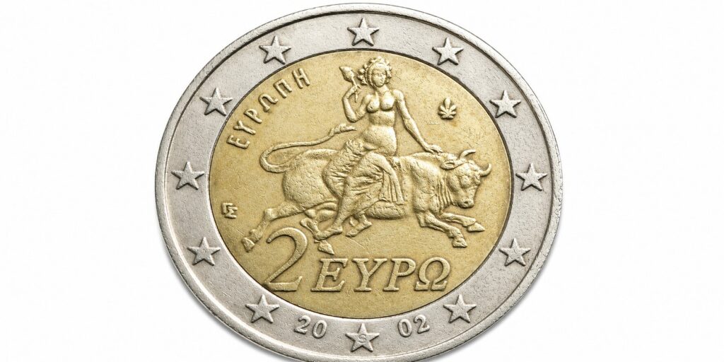 Revers de la pièce de 2 euros grecque de 2002 avec la lettre S de l'atelier finlandais dans une étoile