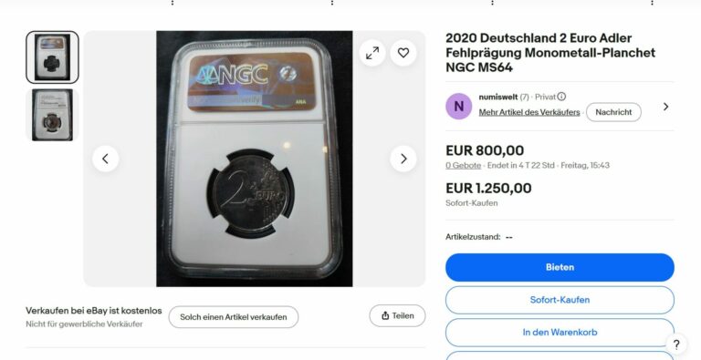 Annonce eBay d'une pièce de 2 euros allemande fautée gradée NGC affichée à 1 200 euros
