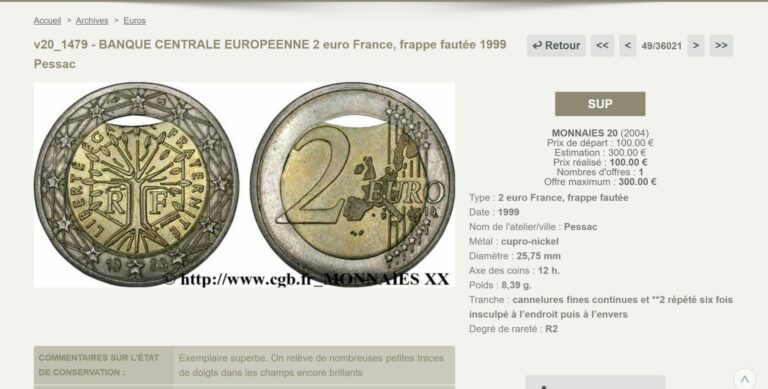Fiche de vente d'une pièce de 2 euros française de 1999 adjugée 100 euros