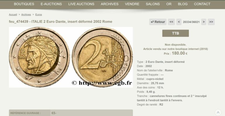 Fiche de vente d'une pièce de 2 euros italienne Dante déformée de 2002 adjugée 180 euros