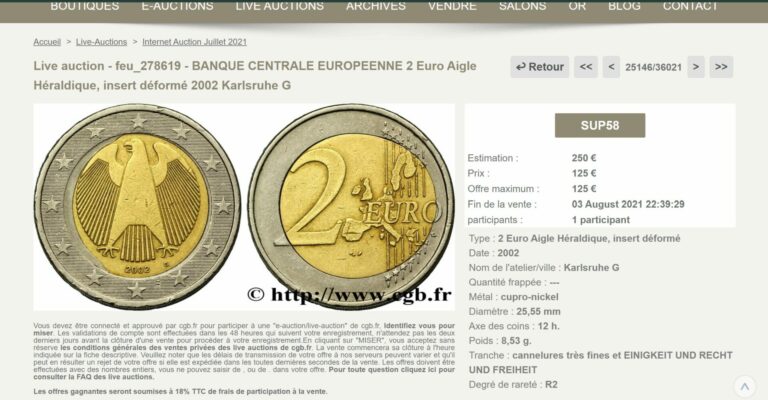 Fiche de vente d'une pièce de 2 euros allemande fautée de 2002 adjugée 125 euros
