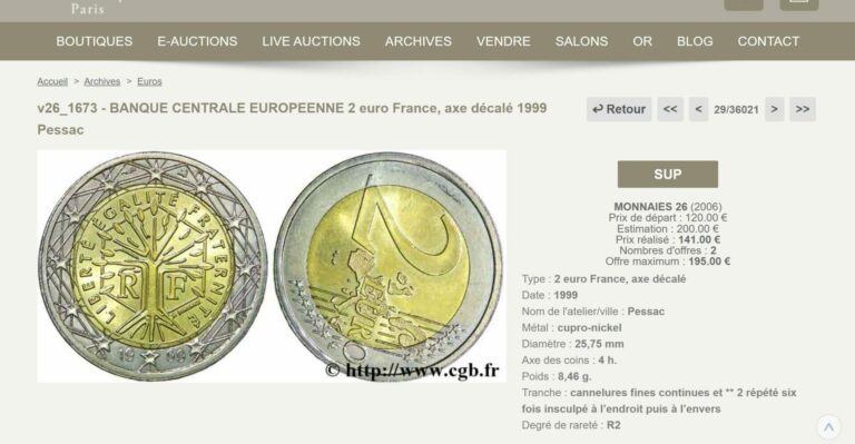 Fiche de vente d'une pièce de 2 euros française désaxée de 1999 adjugée 141 euros