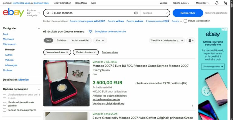 Résultats eBay des ventes réelles de pièces de 2 euros Monaco, nettement plus liquides