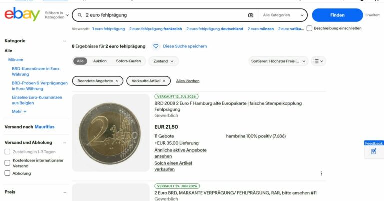 Résultats eBay des pièces de 2 euros fautées réellement vendues, entre 16 et 40 euros