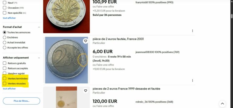 Filtre eBay ventes terminées et objets vendus activé pour consulter les transactions réelles